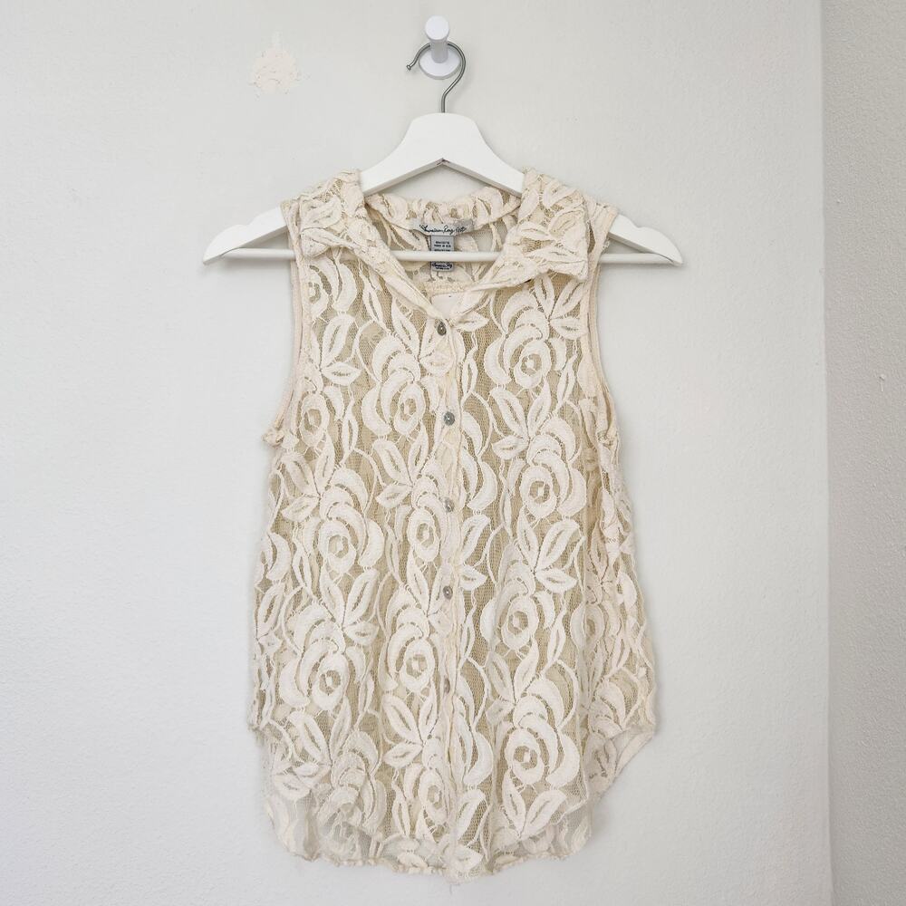Vintage 90s American Rag Cream Floral Lace Button Down Sleeveless Top S